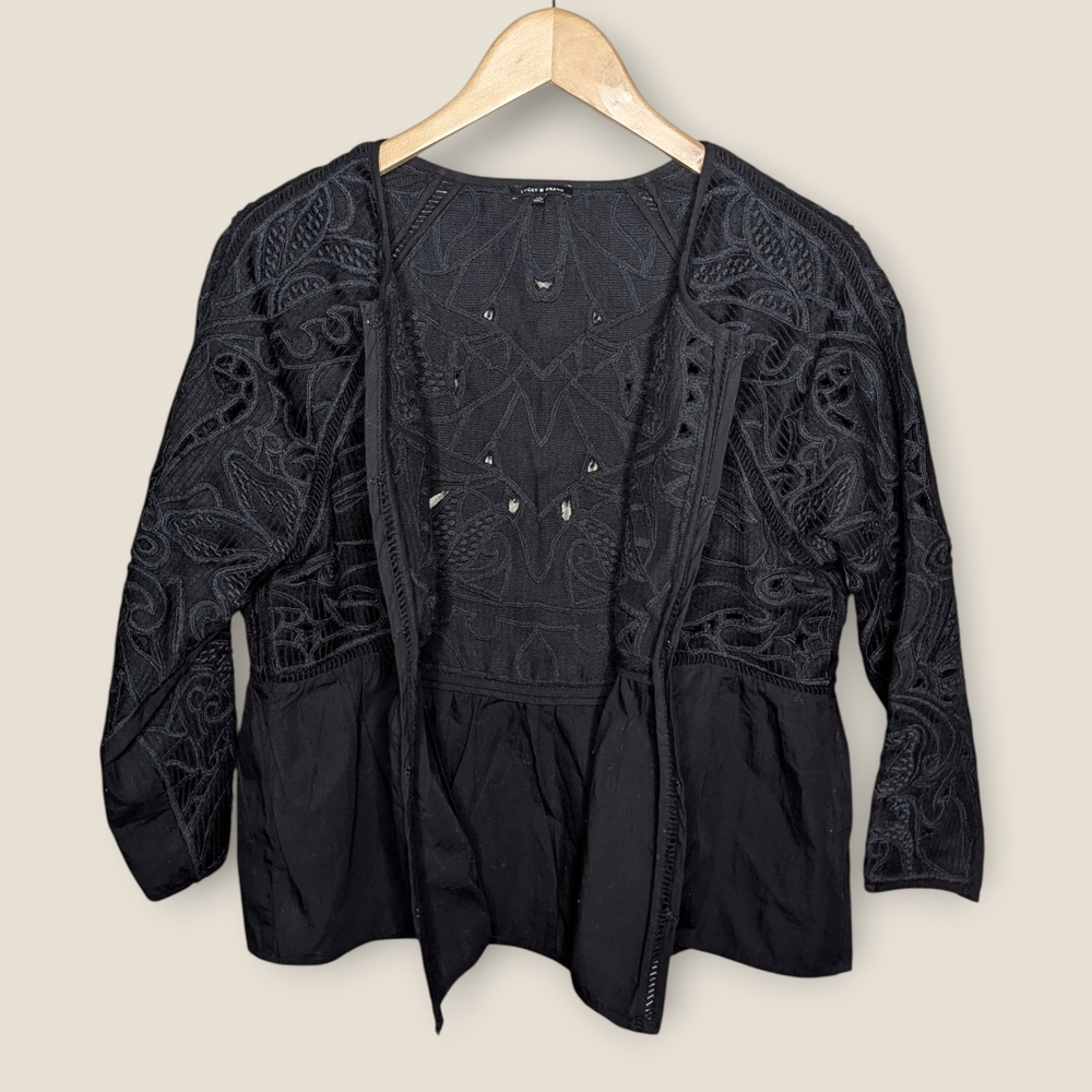 Lucky Brand Black Embroidered Boho Peplum Jacket w/ Hook Clasps Women’s XL - Picture 2 of 14